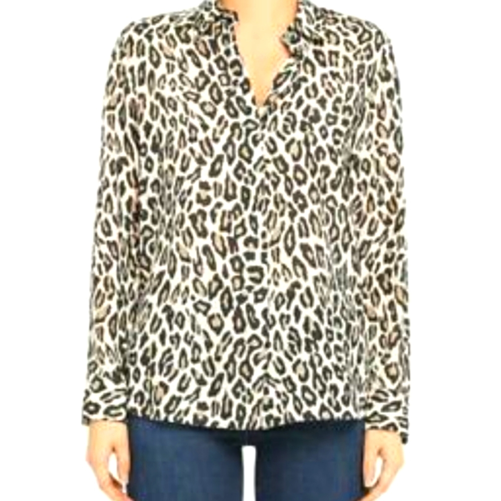 Theory Black and White Leopard Silk Blouse